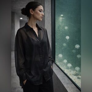 City Chic Sheer Black Button-Down Blouse 🖤 | L | Elegant & Flowy